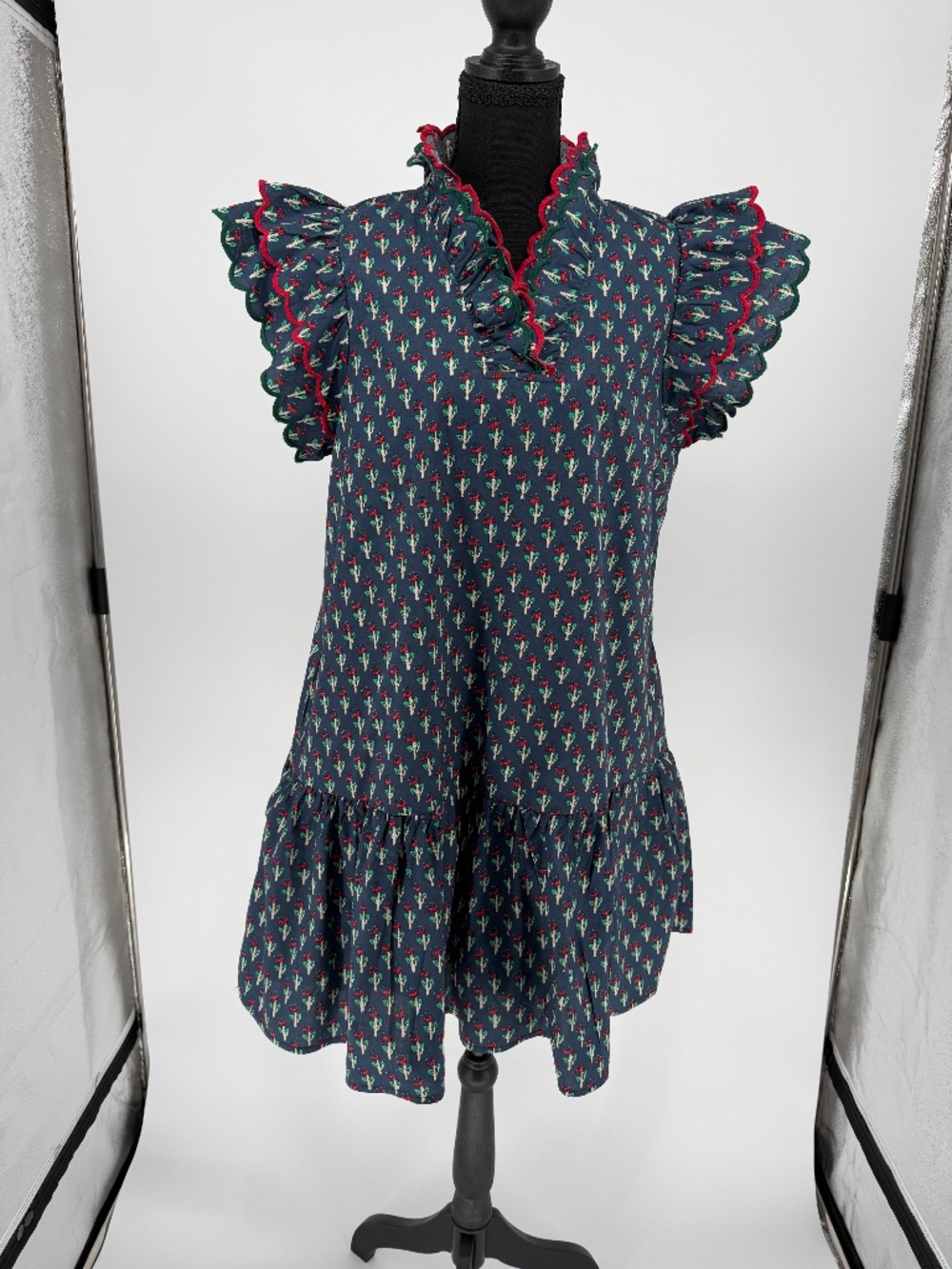 Entro Navy Blue Cactus Print Ruffle Flutter‎ Sleeve Tiered Mini Dress M